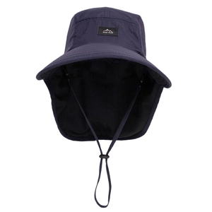 Close-up view of navy blue outdoor sun hat with protective neck flap and adjustable chin cord.