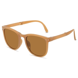 Foldable UV-protection amber sunglasses with brown lenses shown at a 45-degree angle