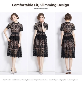 Three-way view of a black hollow lace midi dress with waist belt and beige lining