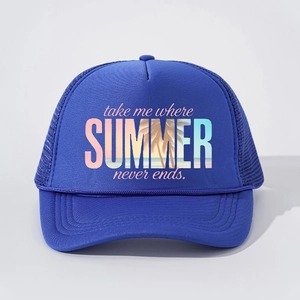 Blue mesh trucker hat with summer sunset text print and adjustable chin strap design