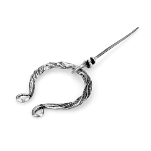 Vintage Viking penannular brooch in antique silver finish with twisted metal ring design
