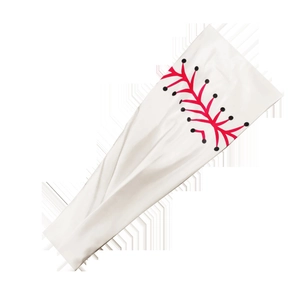 Detail of white elastic sports headband featuring red baseball stitching pattern print
