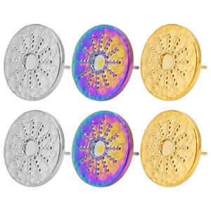 Detailed view of 304 stainless steel stud earrings in silver, gold, and rainbow finishes