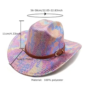 Rainbow snakeskin pattern western cowboy hat with sizing guide on white background