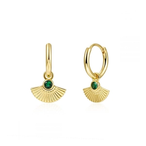 Luxurious gold-plated S925 silver fan-shaped earrings with green round zircon stones