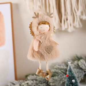 Christmas angel plush pendant with gold sequin antlers and wings for tree decoration