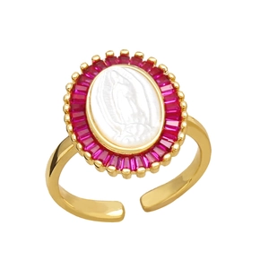 Vintage goldener offener Ring mit ovalem Marienrelief und rotem Baguette-Steinrand