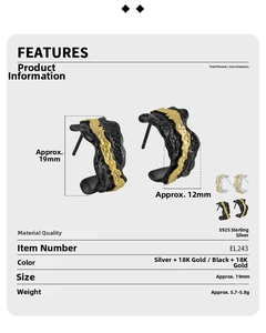 Macro detail of irregular lava texture S925 silver earrings with black and gold plating