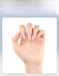 Close-up of pink aurora press-on nails featuring white star design in almond shape