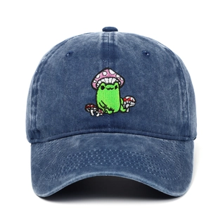 Vintage washed denim baseball cap featuring cartoon frog and mushroom embroidery