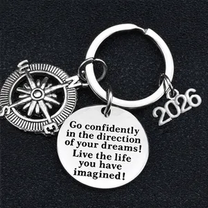Stainless steel 2026 graduation keychain with compass and inspirational quote