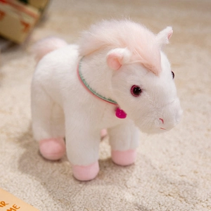 Cute white and pink plush pony doll with collar and small bell in soft fluffy material