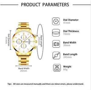 Size specifications chart for gold men's quartz watch with 41mm dial and metal strap