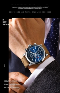 Close-up of men's chronograph watch with blue dial and leather strap on suit wrist