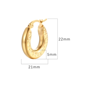 Golden 5mm thick stainless steel hoop earrings with textured hammered finish, 22mm diameter