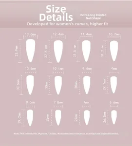 Detailed size chart for extra long pointed cherry pink press-on nails with dimensions