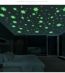 Glow in the dark ceiling stickers featuring snowflakes and stars in a dark bedroom