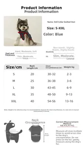 Detailed size chart for blue denim pet vest with dimensions from S to XXL for small dogs