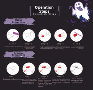 Step-by-step application and removal guide for Halloween press-on nails with 10 detailed stages