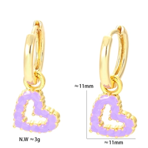 Detail view of purple heart earrings showing dimensions 11mm and lightweight 3g net weight