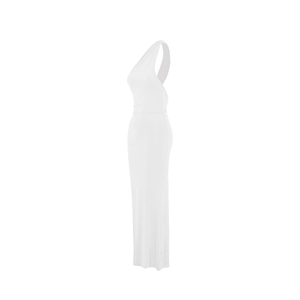 Side view of white one-shoulder maxi dress with elegant slim fit and draped silhouette