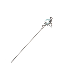 Detail of silver hair pin with light blue moon and star charms in New Chinese style