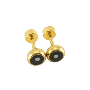Detailed close-up of gold round stud earrings with black and white enamel rings