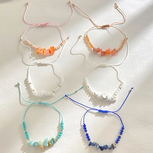 Handmade adjustable bracelets set with natural colorful stone chips and woven cords