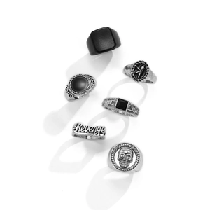 Set of 6 vintage geometric rings in silver and black alloy with gothic revenge carving