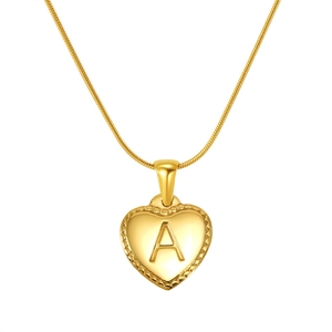 Minimalist 18K gold plated heart necklace with embossed letter A on gold snake chain