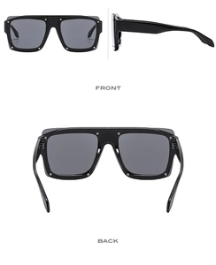 Three-view layout of square black sunglasses with silver rivet details on the frame