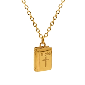 18K gold plated stainless steel Bible book pendant necklace with cross engraving