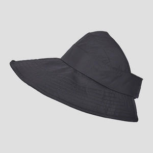 Detail of wide-brimmed black sun hat showing reinforced circular stitching on lightweight fabric