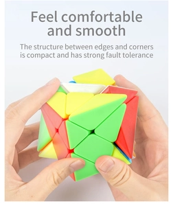 Close-up of hands twisting a smooth rotating irregular 3D puzzle cube for logic training