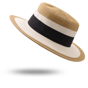 Chapeau Canotier Paille Calotte Plate Bord Large Couleur Épissée Été Protection Solaire Plage Ruban Mode Élégant Femme