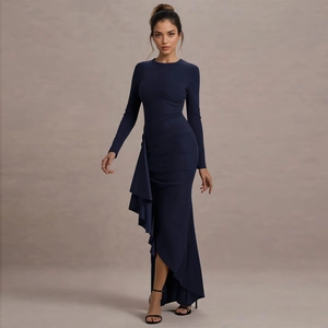 Elegant navy blue slim fit long sleeve dress with ruffled hem and mermaid silhouette