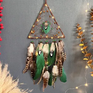 Handmade Triangle Dream Catcher Feather Wood Beads Tribal Bohemian Style Wall Hanging Decor Gift Home Ornament Craft