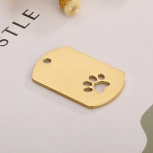 Polished gold stainless steel pet tag with hollowed cat paw cut-out and hanging hole