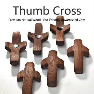 Black Walnut Wood Thumb Cross Handheld Pocket Prayer Cross With Heart Design For Meditation Church Easter Gift