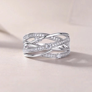 Elegant Luxury Multi-layer Cross Wave Ring For Women Silver Color Copper Zirconia Inlaid Stylish Geometric Finger Jewelry Gift