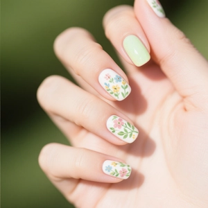Short square press-on nails with light green and floral patterns for a fresh spring look