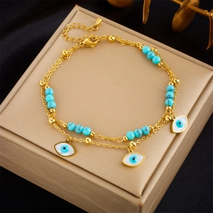 Bohemian Layered Stainless Steel Anklet With Turquoise Beads Star Evil Eye Charms Adjustable Foot Jewelry For Women