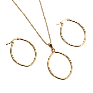 Minimalist gold titanium steel jewelry set with oval pendant necklace and earrings
