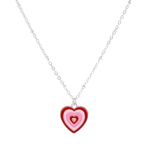 Vintage heart pendant necklace with layered red enamel and silver chain for women