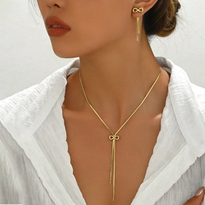 Bowknot Infinity Pendant Necklace And Tassel Earrings Titanium Steel Gold Plated Rhinestone Jewelry For Women
