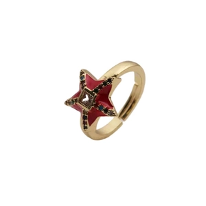 Adjustable gold plated copper ring featuring a red star with colorful zircon accents