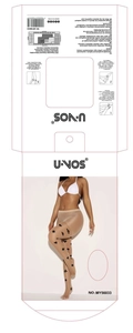 Detail of playing card print tights packaging showing material and sizing information