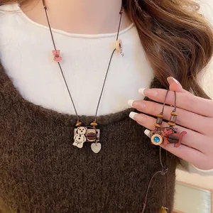 Handmade Wood Resin Cat Bear Pendant Necklace Vintage Forest Style Camera Decor Long Wax Rope Jewelry Women