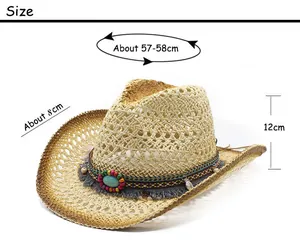 Guide des tailles pour chapeau de cowboy en paille indiquant 58cm de tour et 8cm de bordure