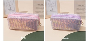 Detail of pink and purple sequin bags with elegant pearl zipper charms and glitter finish